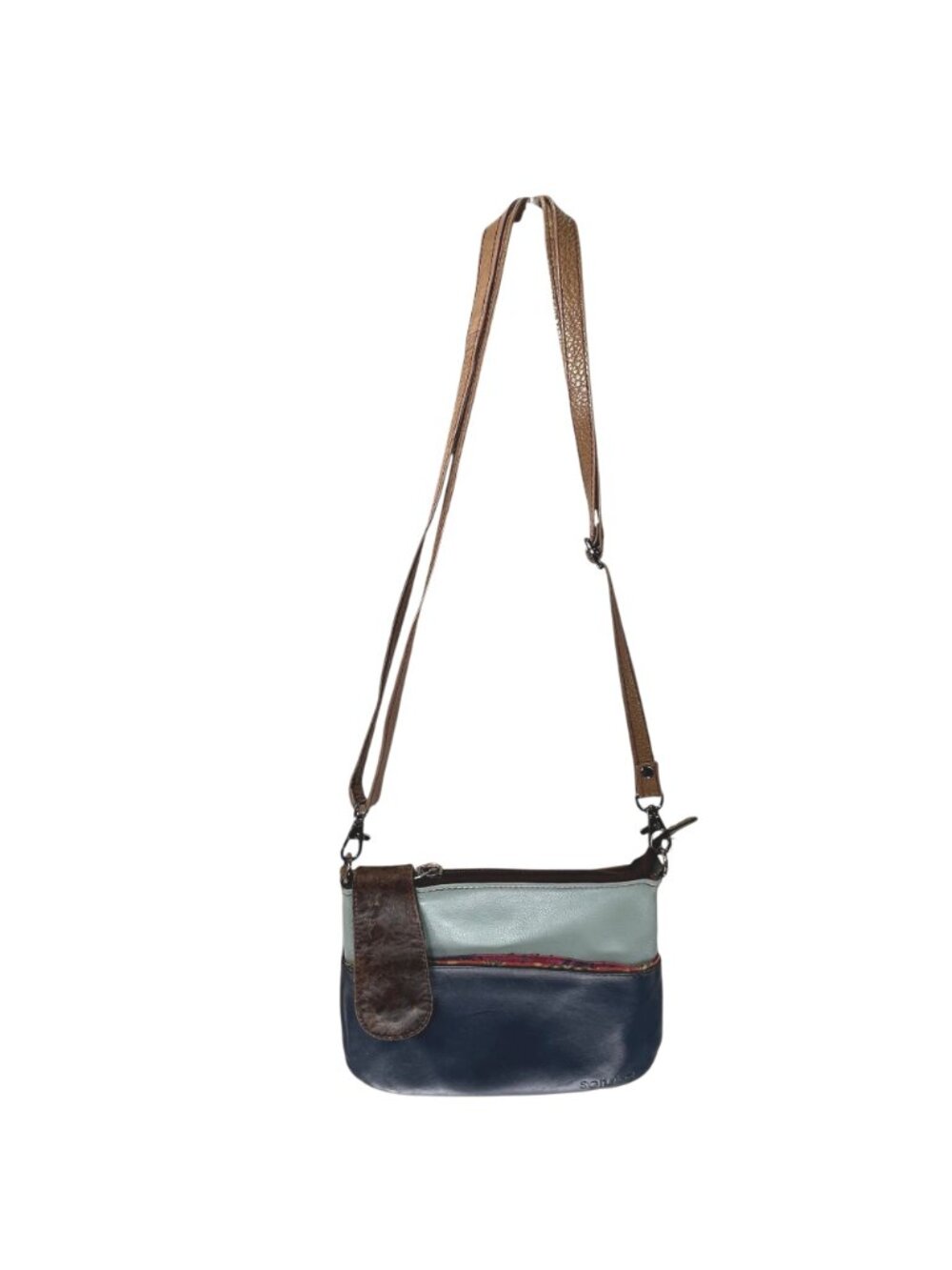 Soruka Leather Crossbody Bag Colorblock Blue Brown Adjustable Strap Zip Pockets - Picture 2 of 16